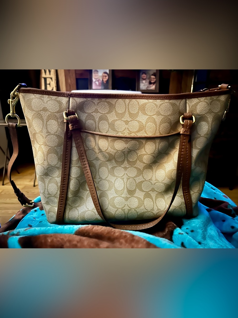 Coach Beige Peyton Signature Canvas Shoulder Bag with Brown Leather Trim - Picture 4 of 16